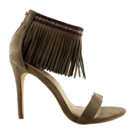 Khaki ethnic fringed sandals