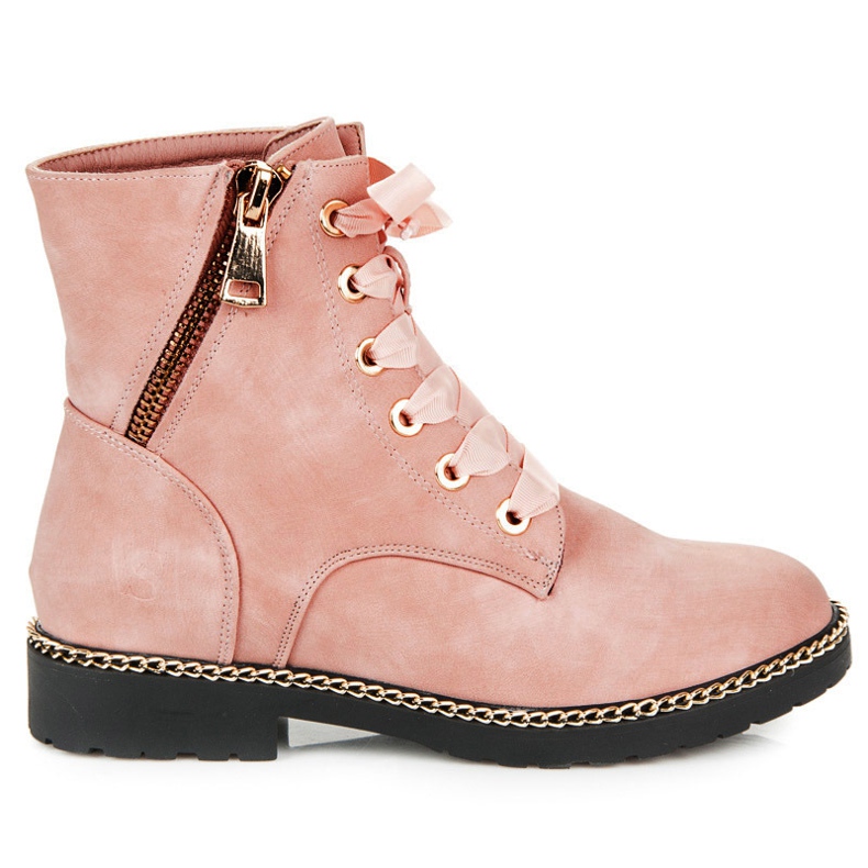 Vices New Collection Suede ankle boots with a ribbon pink