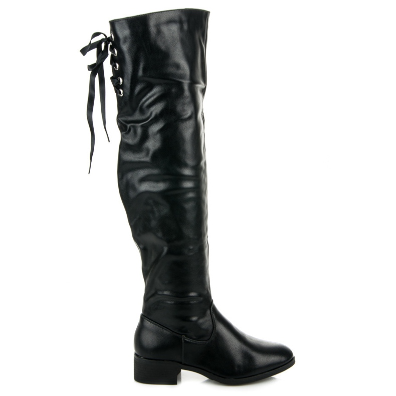 Flat thigh-high boots with binding black