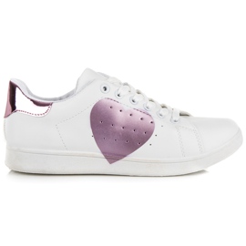 White sneakers with a heart purple