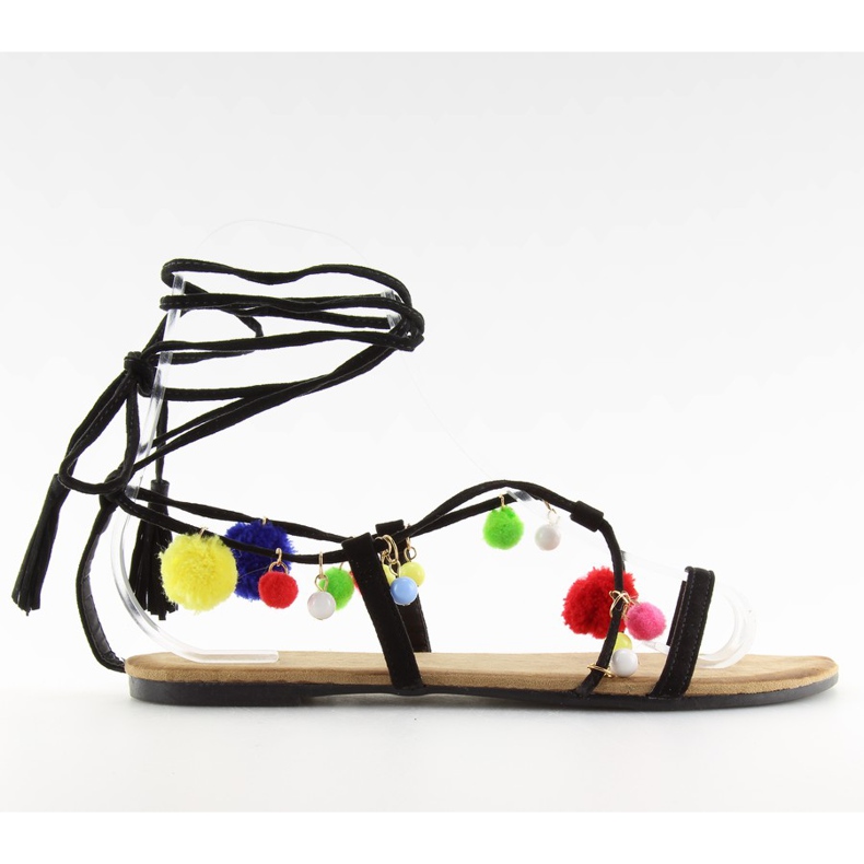 Black sandals with pompoms 6009 black