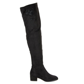 Suede thigh boots with embroidery black