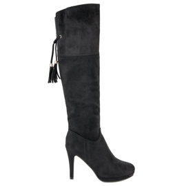 Small Swan Black Thigh-boots On A Pin