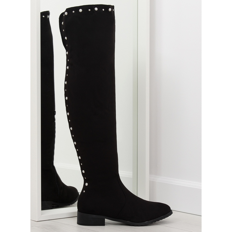 Over-the-knee boots with pearls, black 688-5 black
