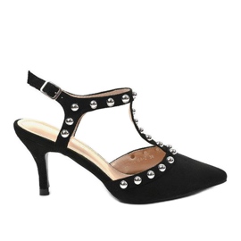 Black suede high heels with pearls 100-861SA