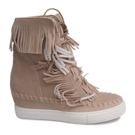 Wedge Sneakers With Fringes Boho 7A1453 Beige Wedge Sneakers With Fringes Boho 7A1453 Beige