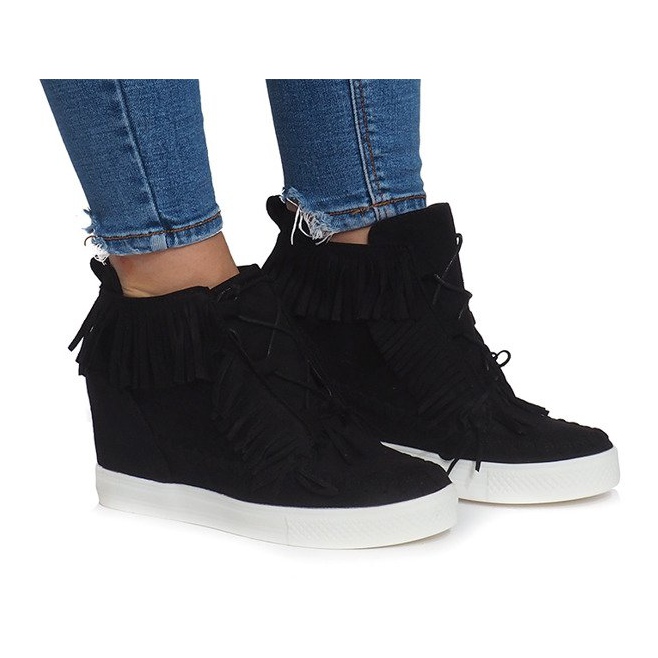 Wedge Sneakers With Fringes Boho AT-0613-1 Black