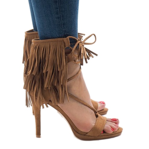 Beige sandals on a stiletto heel, boho suede 8125-1
