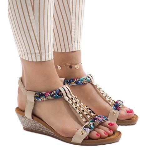 Beige wedge sandals with B132-5 studs brown multicolored