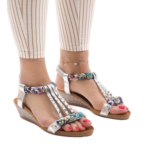 Silver wedge sandals with B132-6 studs grey multicolored