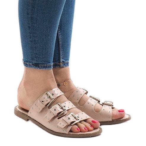 Pink slippers with studs and a buckle F-3659