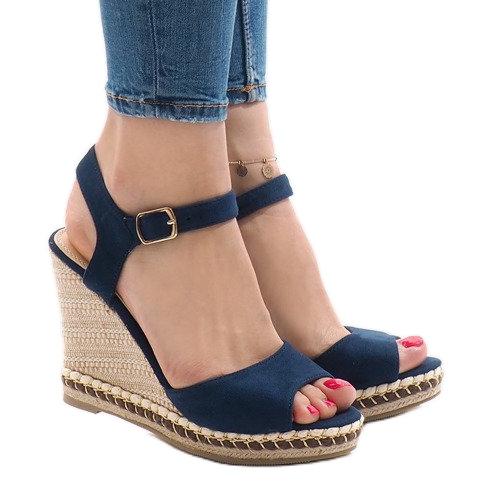 Navy blue suede wedge sandals LM-8006
