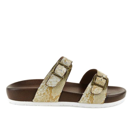 White and brown slippers with a GA735 buckle