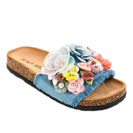 Blue slippers with flowers W-15 multicolored