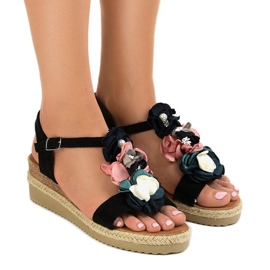 Black wedge sandals with flowers 218-168