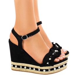 Black wedge sandals pearls 2445