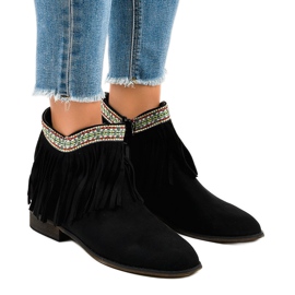 Black suede slip-on ankle boots with fringes 99-136
