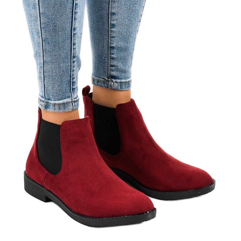 Burgundy suede flat ankle boots with an elastic L08-155 red