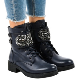 Ladies' navy blue boots with a buckle and diamonds 0-251