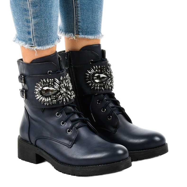 Ladies' navy blue boots with a buckle and diamonds 0-251