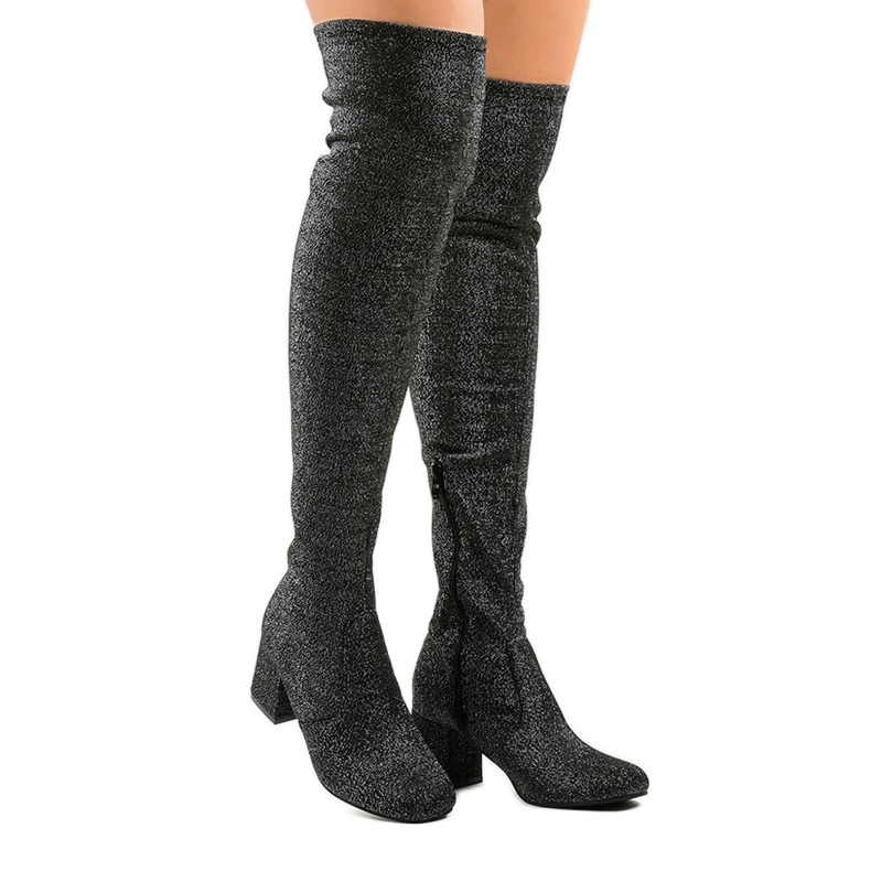 Silver boots on the post over the knee TC01P black grey