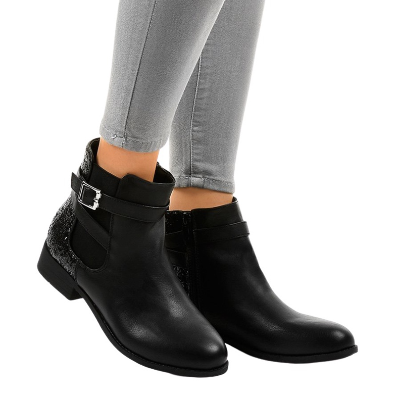 Black flat ankle boots with an elastic band and sequins C298-1
