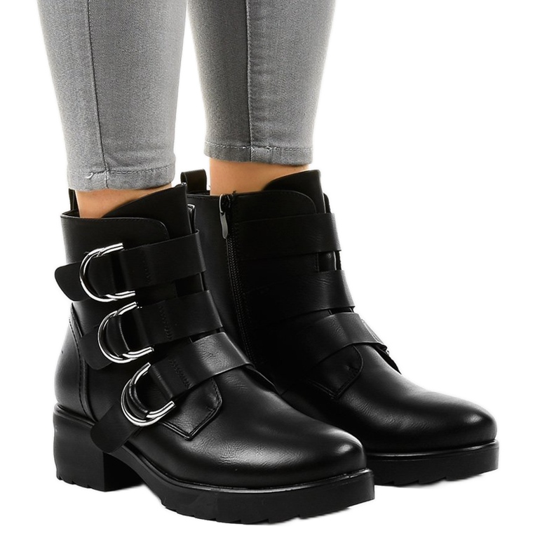 Women's black flat boots with buckles BZ66010