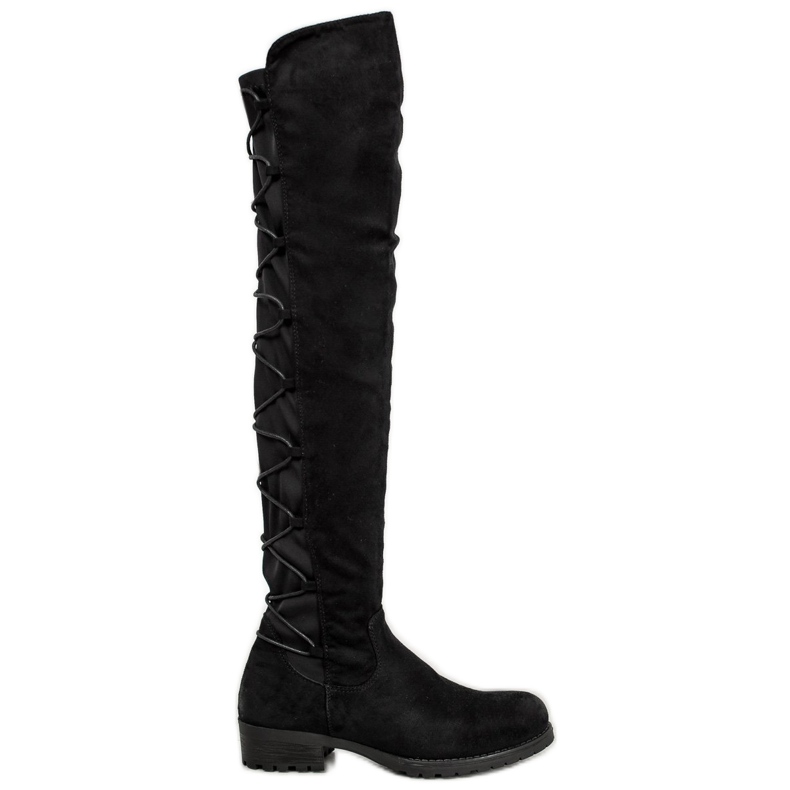Forever Folie Suede thigh-high boots with a binding black
