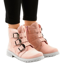 Pink suede flat ankle boots with TL95-4 buckles