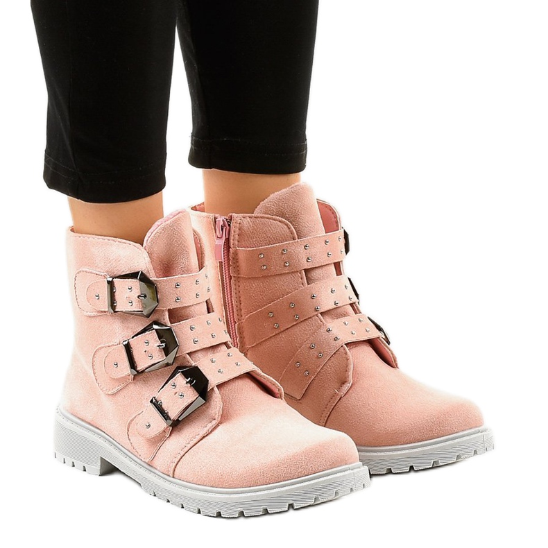 Pink suede flat ankle boots with TL95-4 buckles Pink suede flat ankle boots with TL95-4 buckles