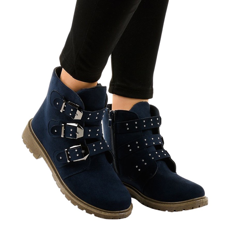 Navy blue suede flat boots with TL95-2 buckles