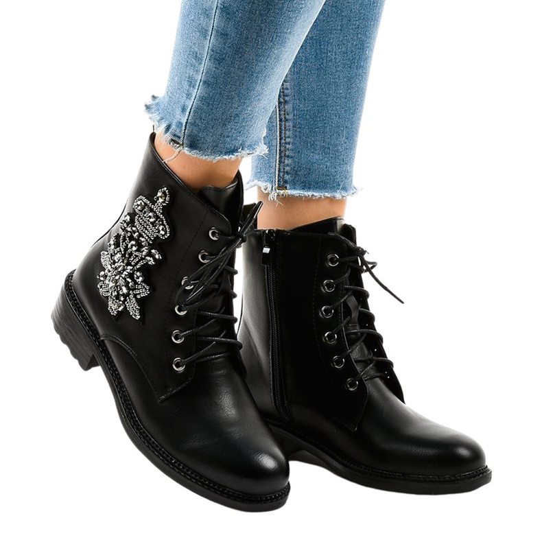 Black flat ankle boots with stones BH5501