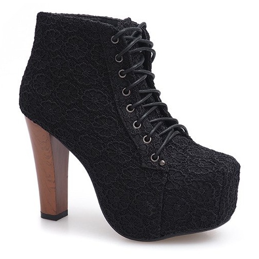Lace Boots Solid On Heel K764B Black