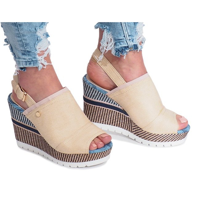 Beige mulanka jeans wedge sandals