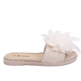 Women's beige slippers with feathers CK131P Beige