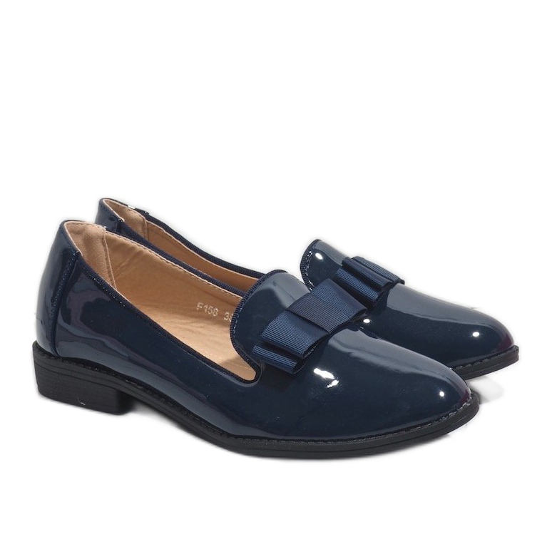 Women's navy blue moccasins with a bow F158
