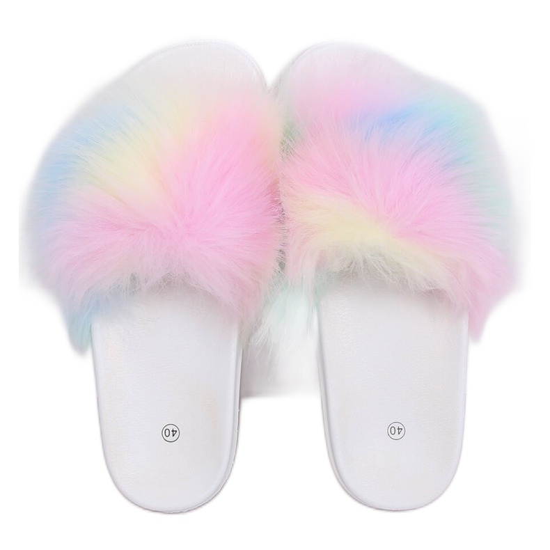 Flip-flops with rainbow fur CK153P ​​White multicolored