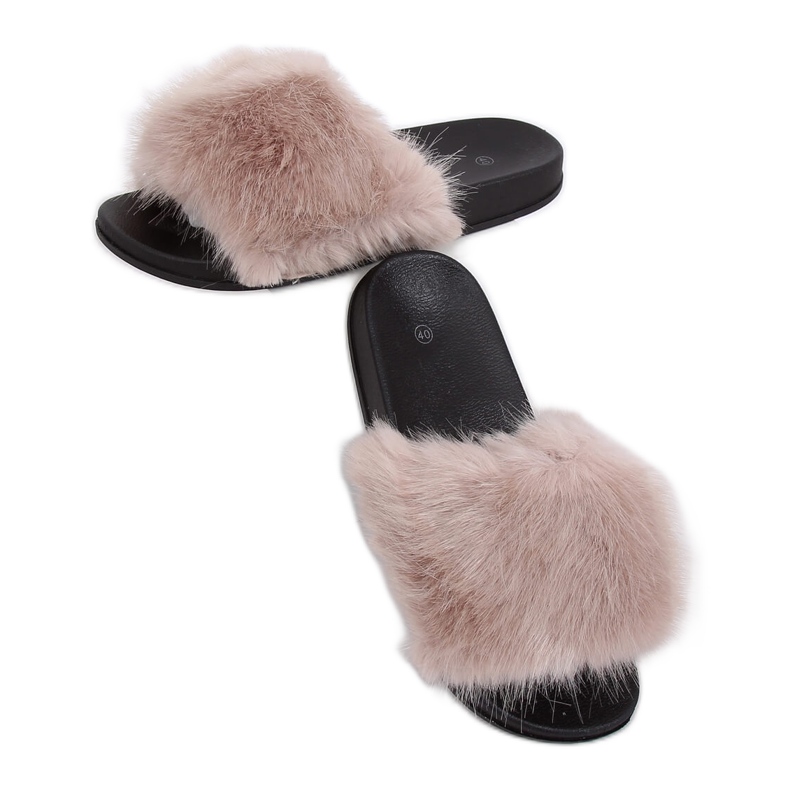 Beige slippers with fur CK107P Beige II Quality