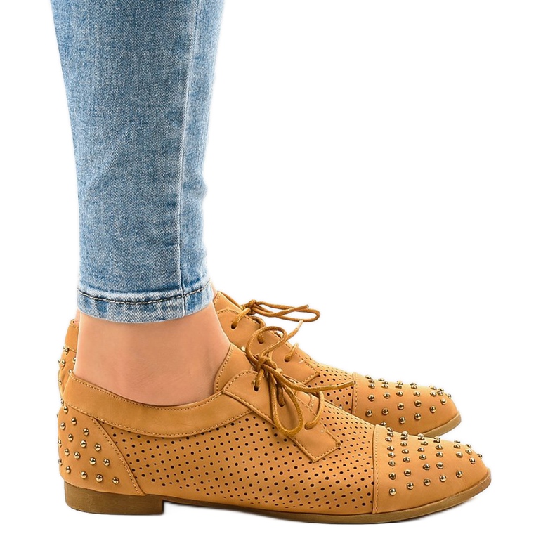 Brown openwork shoes with studs MJ1125