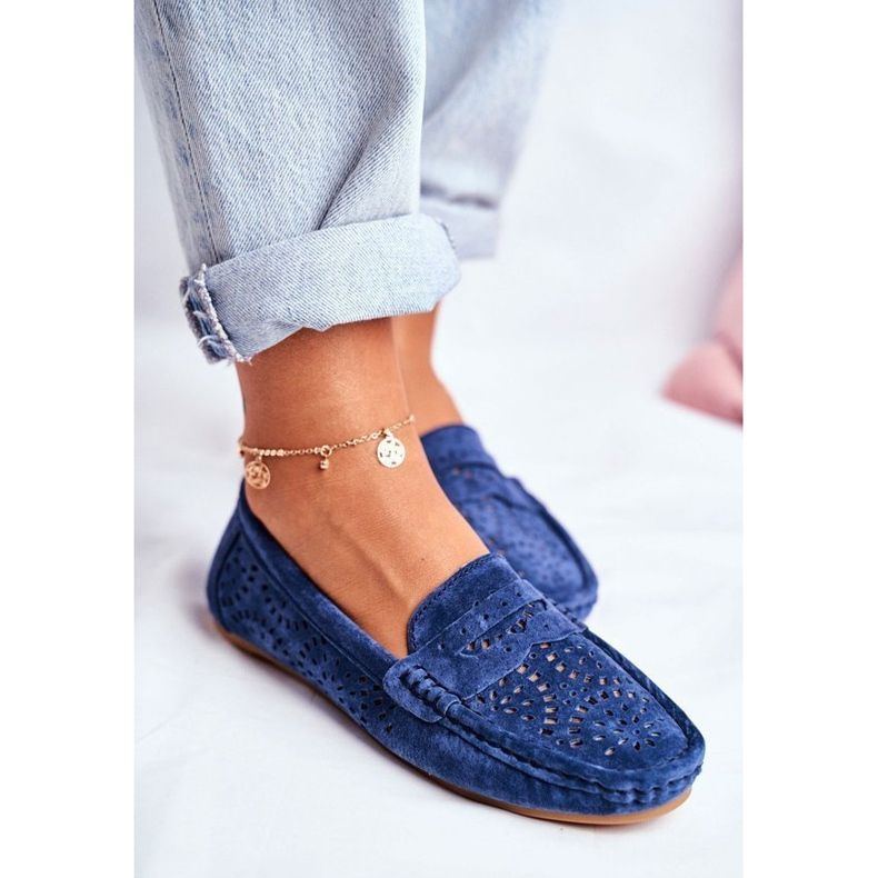 S.Barski Navy blue suede openwork loafers LR92309