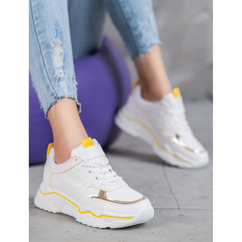 Ideal Shoes White Eco Leather Sneakers yellow