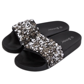 Women's slippers with stones black CK106P Black grey