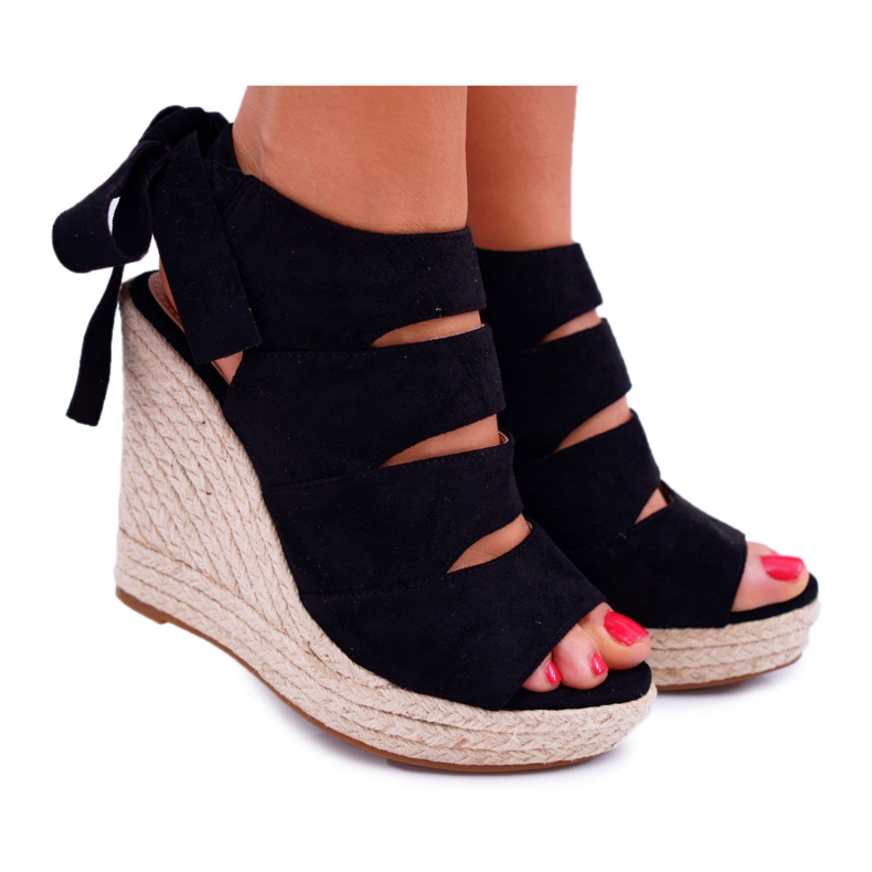 FRJ Women's Sandals On A Linen Wedge Tied Black Cantare