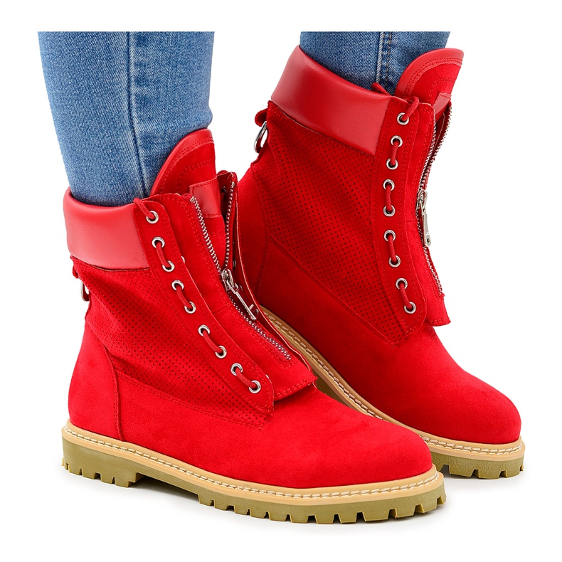 Lu Boo Women's Red Suede Timber Boots Trappers Zippers Nancy