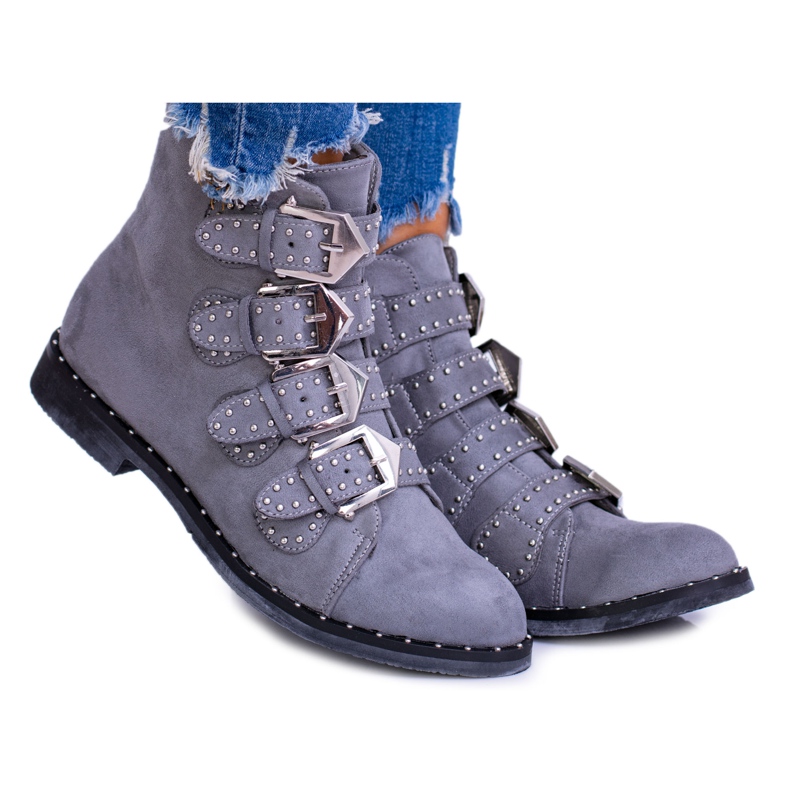 Lu Boo Dark gray Boots Virginia Rock Star Rivets Buckles Suede grey
