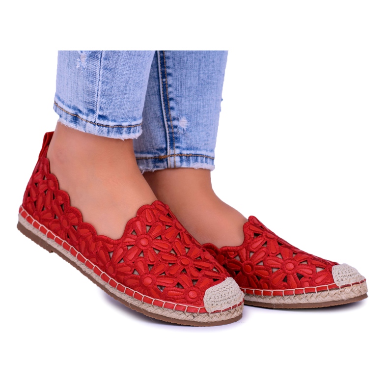 Lu Boo Women's Ballerinas Red Espadrilles Macarena Flowers