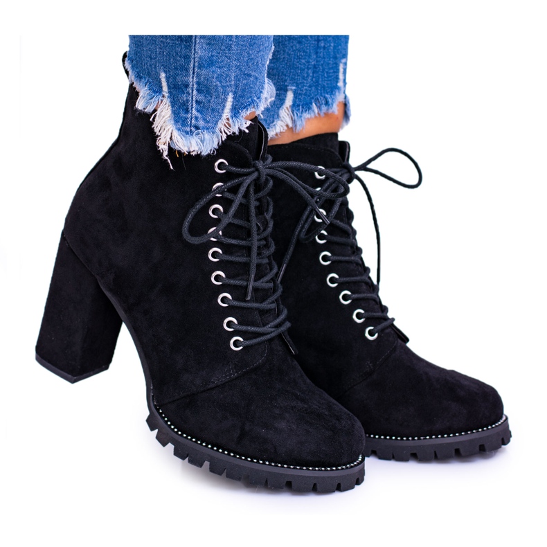 Lu Boo Black Suede Boots on a post with Halsey Rhinestones