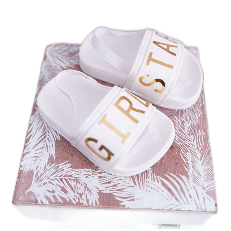 FRROCK Children's Girl's Slippers Gold Lettering Girl Star White Bambi FRROCK Children's Girl's Slippers Gold Lettering Girl Star White Bambi
