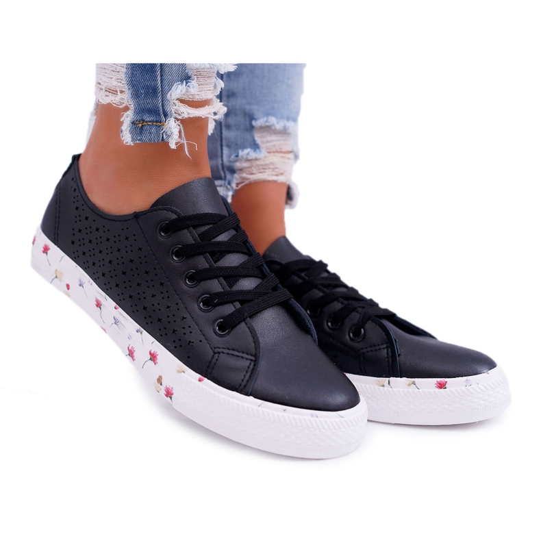 EVE Women's Sneakers With Black Openwork Flowers Loriann