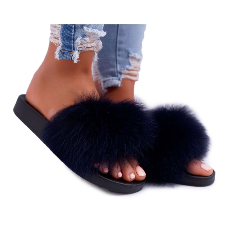 Women's Slippers with Natural Fur Naturis Navy Blue Women's Slippers with Natural Fur Naturis Navy Blue